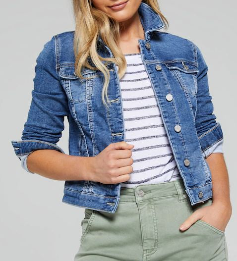 dark blue women trucker denim jacket