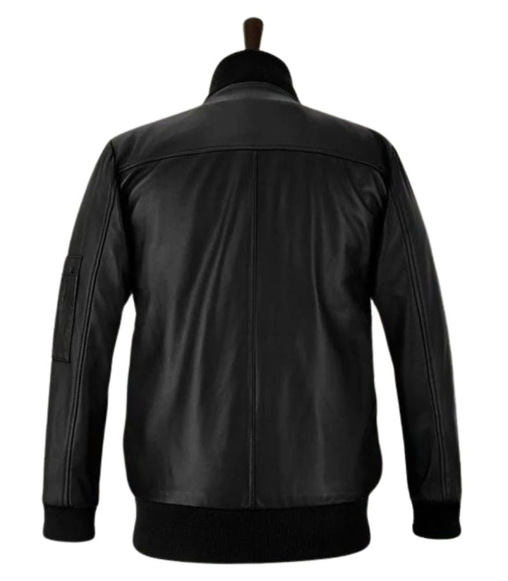 Eminem-inspired black leather bomber jacket with a comfortable viscose lining and edgy design.