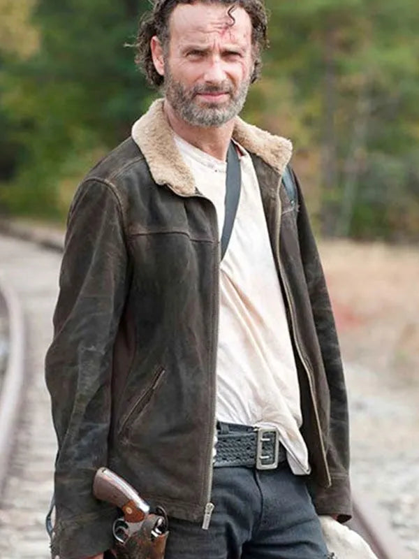 Andrew Lincoln wearing brown leather jacket, The Walking Dead Season 5.