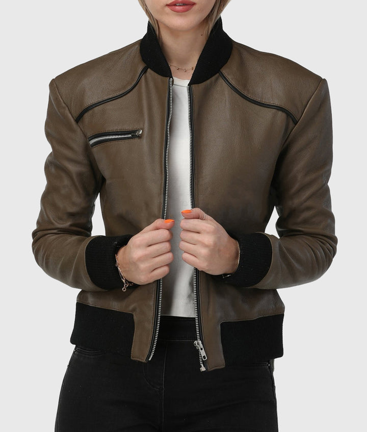 Ribbed Elegance Women Olive Bomber Leather Jacket in usa