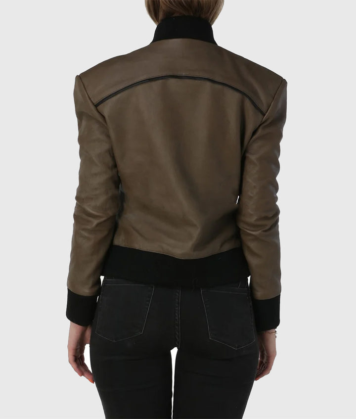 Premium Women Olive Bomber Leather Jacket in usa