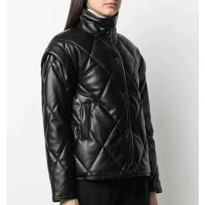 Stylish black leather puffer jacket for women in United state market