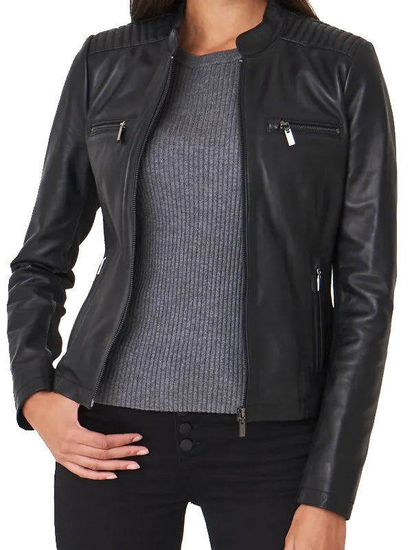 Stylish black moto jacket for women in France style