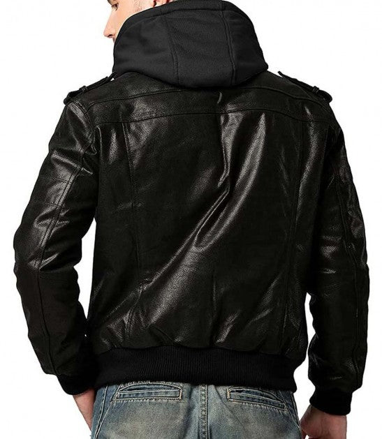 Stylish men's black leather jacket with removable hood for versatile wear