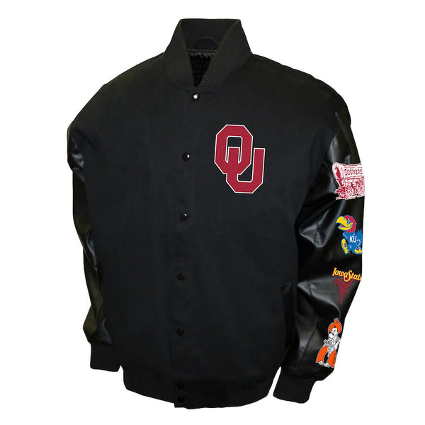 Vintage black Oklahoma Sooners varsity jacket with Big 8 Conference details and premium USA-made quality