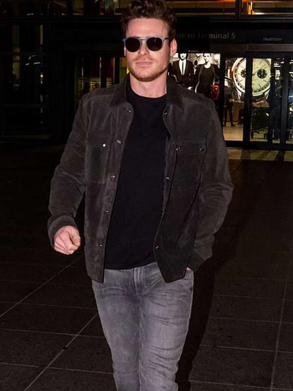 Richard Madden wearing black suede jacket in USA