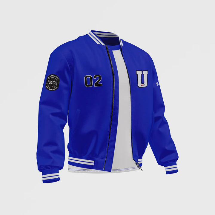 TJS Men’s Blue Satin Bomber Jacket in France style