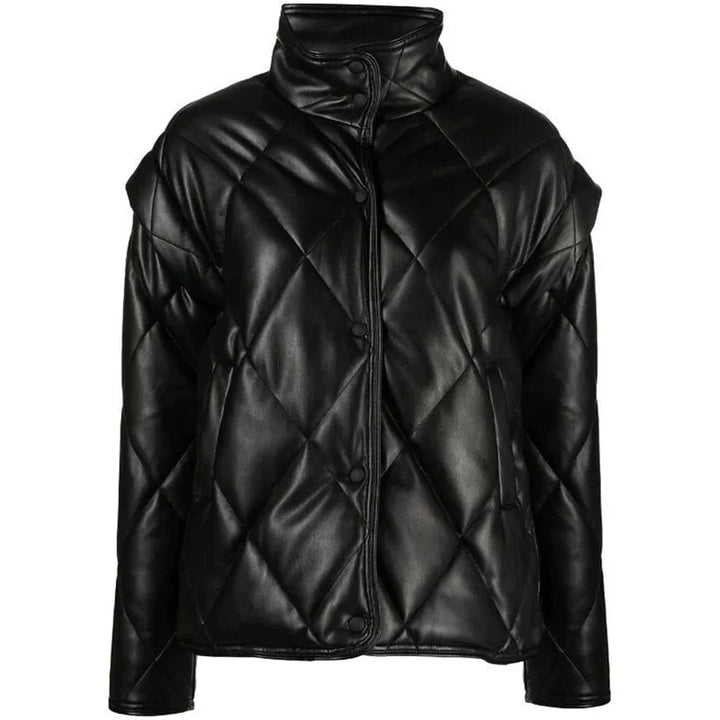 Fashionable women's puffer coat in black leather in France style