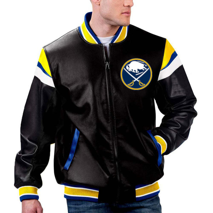 TJS NHL Jacket in Navy Leather Featuring Buffalo Sabres in France style