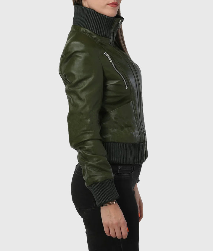 stylish women green leather jacket in usa