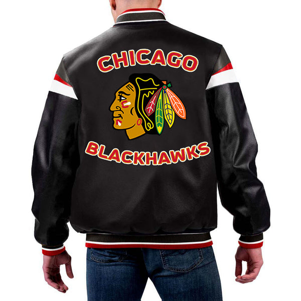 Black Leather Jacket Representing Chicago Blackhawks in the NHL by TJS