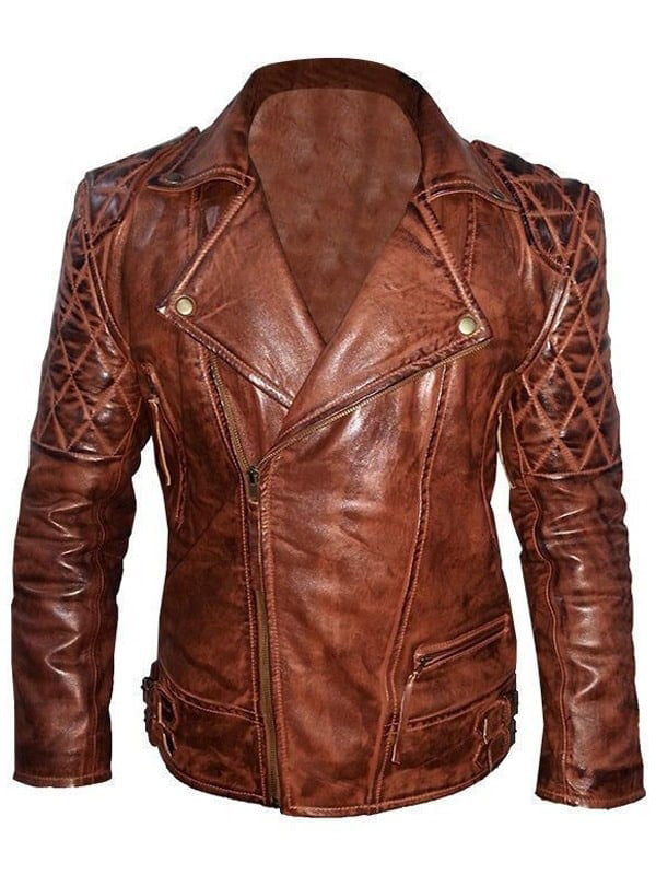 Vintage leather biker jacket with diamond quilted design
