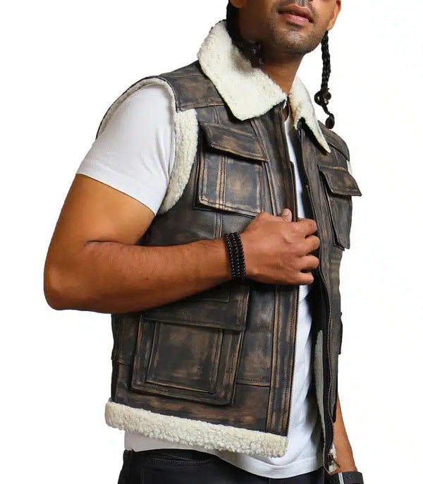 Brown Waxed Faux Fur Leather Vest