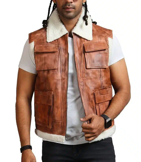 Men Brown Vintage Flap Pocket Faux Fur Leather Vest