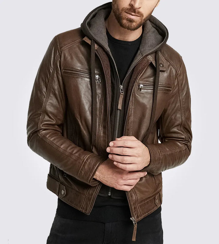 Hooded motorcycle jacket in dark brown in France style