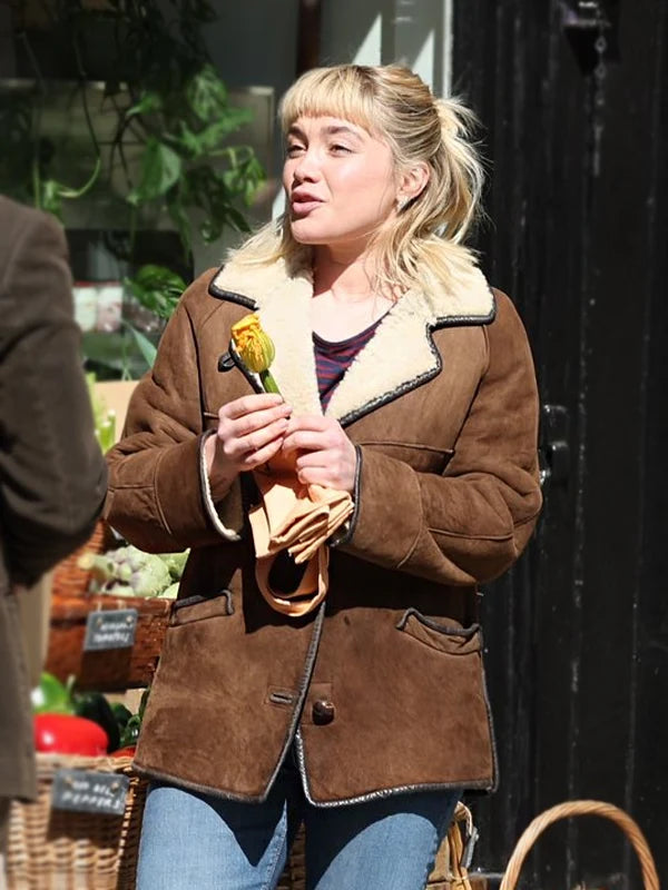 Fashionable Women's Brown Shearling Jacket by Florence Pugh
