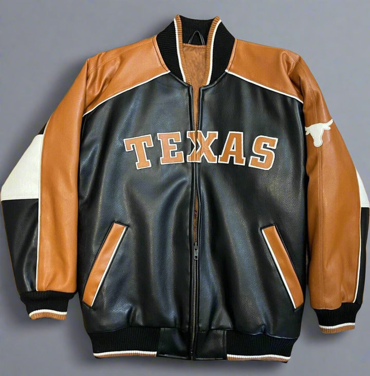 G-III Sports Texas Longhorns leather varsity jacket by Carl Banks, featuring bold team logo and premium USA craftsmanship