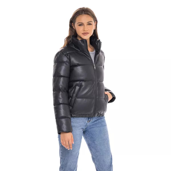 Classic women's black leather puffer jacket in American style