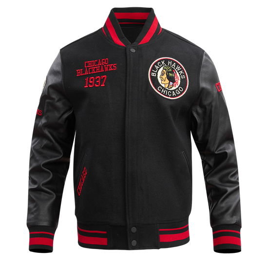 Men's Retro Chicago Blackhawks Wool Varsity Jacket with Ribbed Detailing