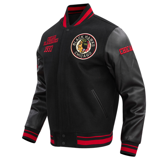 Men's Wool Varsity Jacket with Retro Chicago Blackhawks Design