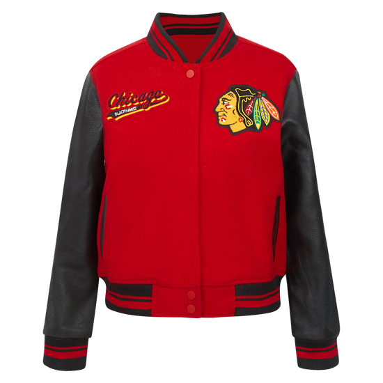 Women's Chicago Blackhawks Varsity Jacket in Wool with Script Tail Design