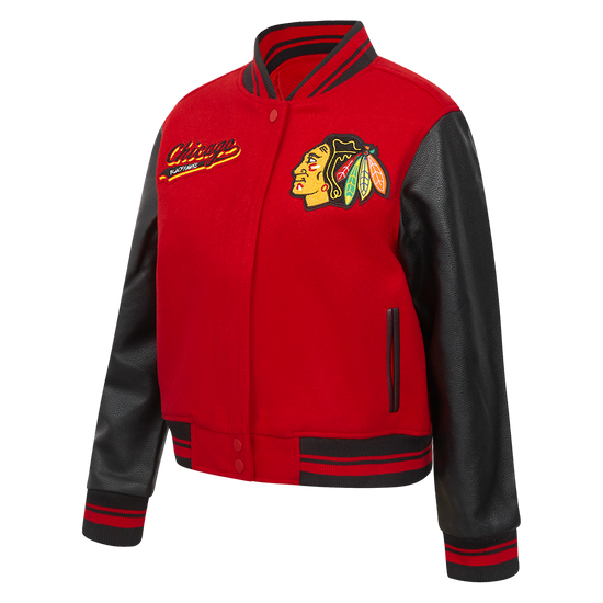 Stylish Chicago Blackhawks Women's Wool Varsity Jacket with Script Tail Embroidery