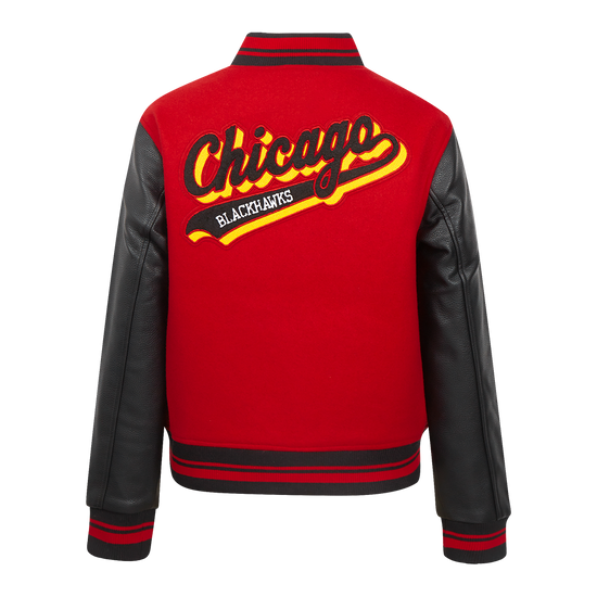 NHL Chicago Blackhawks Script Tail Women's Wool Varsity Jacket - Classic Style