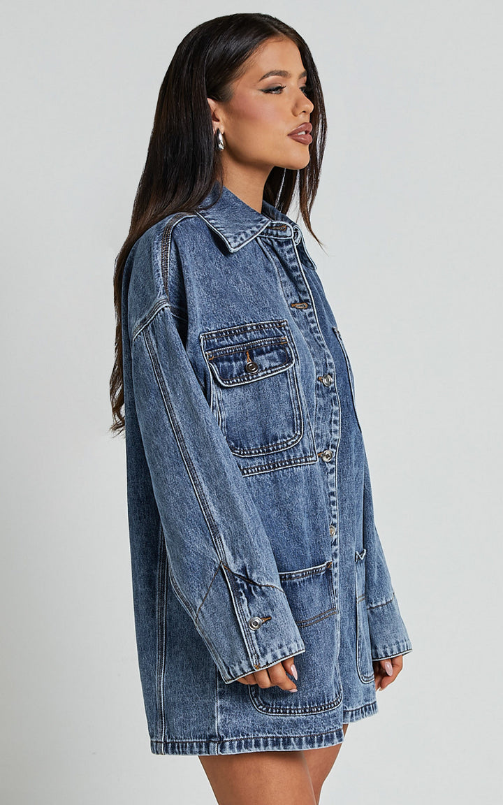 Vintage-inspired mid blue denim outerwear in USA