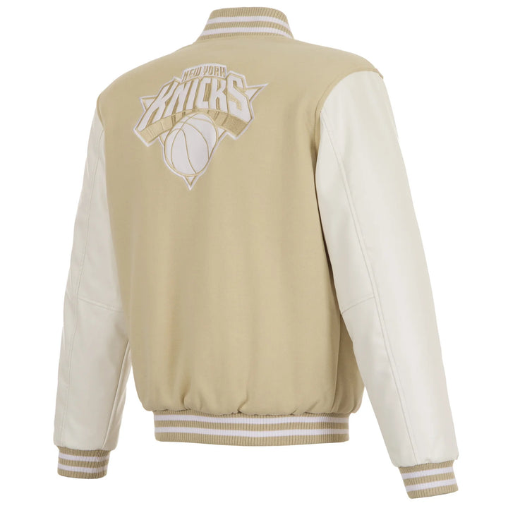 Back view NBA NY Knicks Reversible Tan/White Varsity Jacket