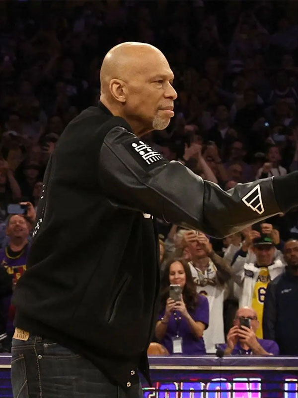 NBA Kareem Abdul-Jabbar Captain 33 leather jacket close-up in United state market