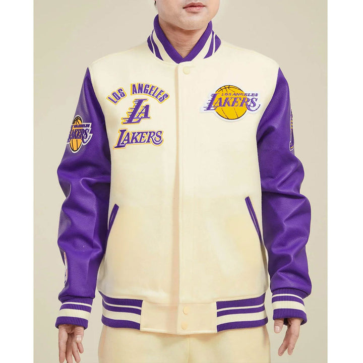 LA Lakers Retro Classic Rib Off White and Purple Varsity Jacket Front VIew