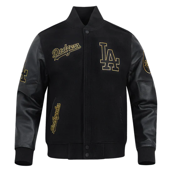 Men’s wool varsity jacket with Los Angeles Dodgers black and gold design in USA