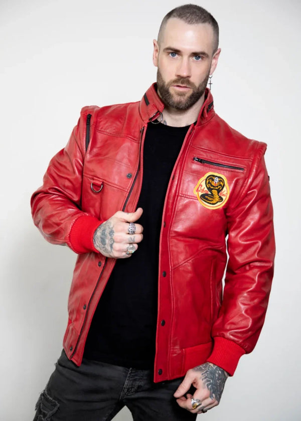 Cobra Kai Jacke | Cobra Kai Bomber-Lederjacke | Johnny Lawrence Red Karate Kid Cobra Kai Herren Lederjacke von The Jacket Seller