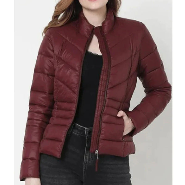 Womens Maroon Puffer Leather Jacket