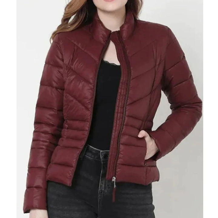 Women's maroon puffer leather jacket in USA