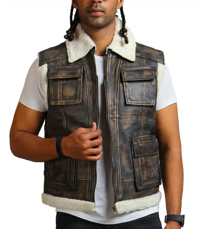 Stylish brown waxed leather vest with faux fur in American market