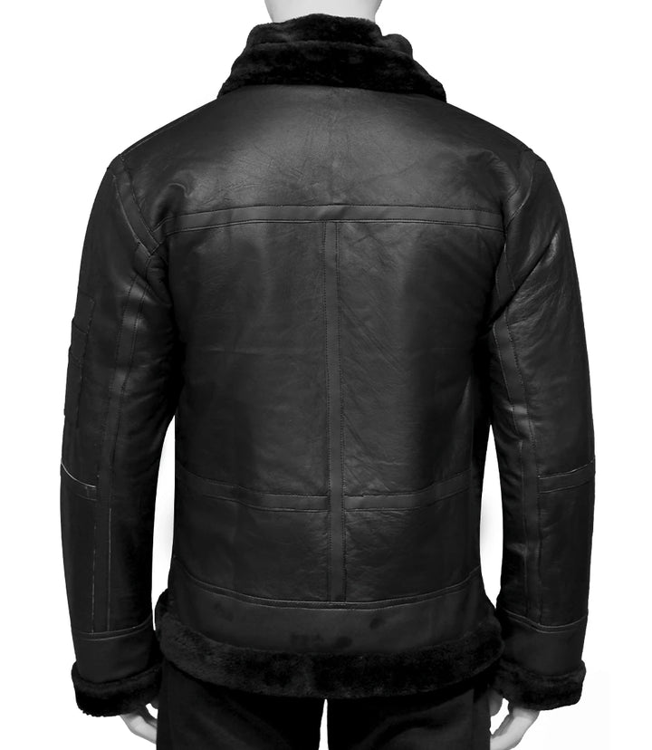 Black leather and Shearling Jacket in France style