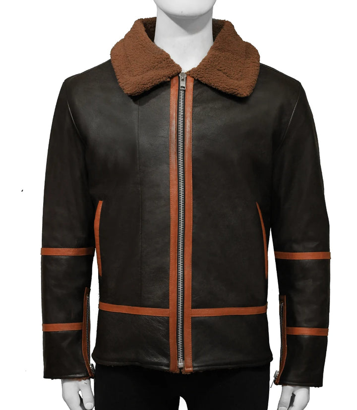 Brown and black leather shearling jacket in USA