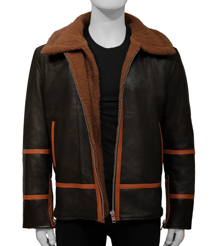 Men's Brown Shearling Jacket - Front View in USA