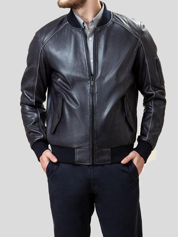 Men's sleek black leather bomber jacket in USA