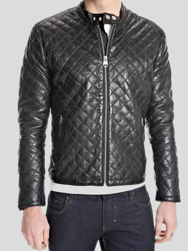 Men's quilted leather jacket with snap tab collar and zipper pockets