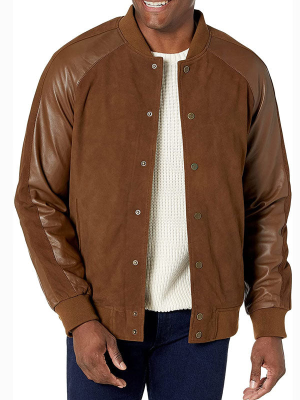 Men's varsity jacket with contrast sleeves in suede leather in USA