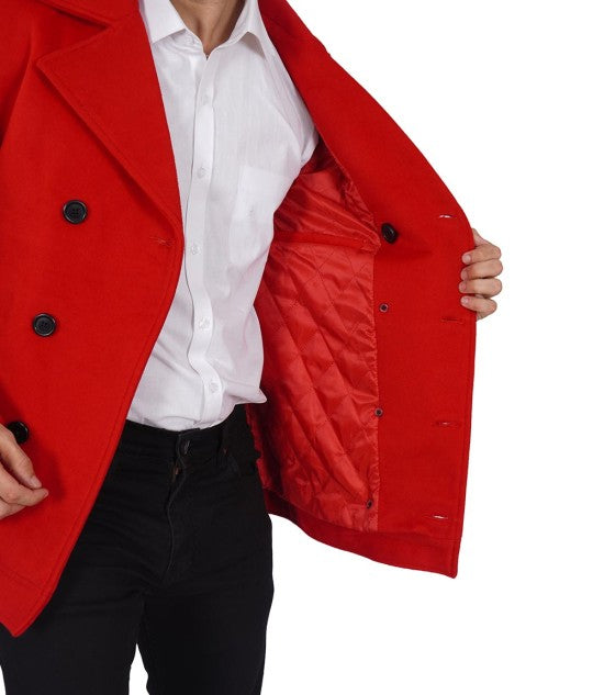 Fashionable double-breasted red peacoat in United state market