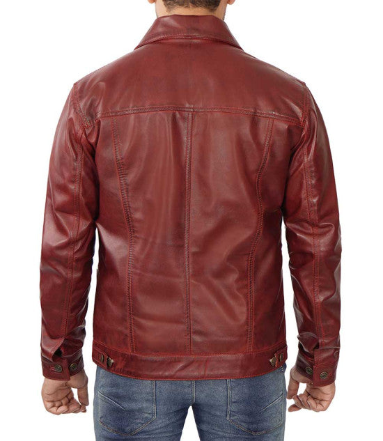 Men's TJS maroon leather trucker jacket in American style