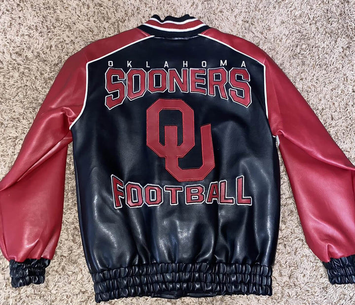 Oklahoma Sooners NCAA football leather varsity jacket featuring bold team branding and classic USA craftsmanship