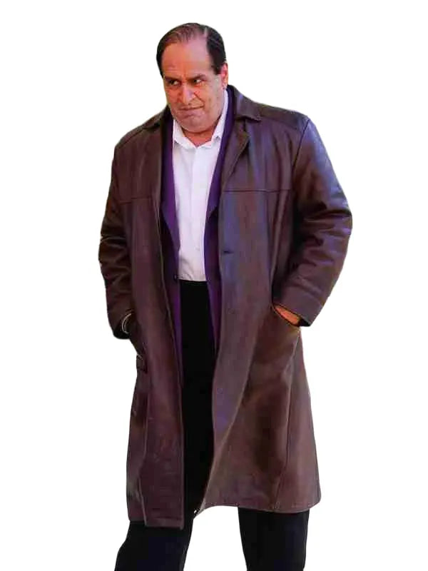 Colin Farrell stylish brown leather coat in The Penguin 2024 in USA
