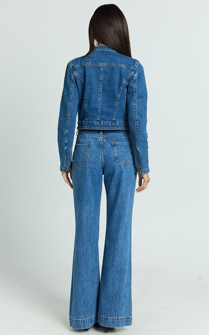 Pamela long sleeve denim jacket with moto accents in USA