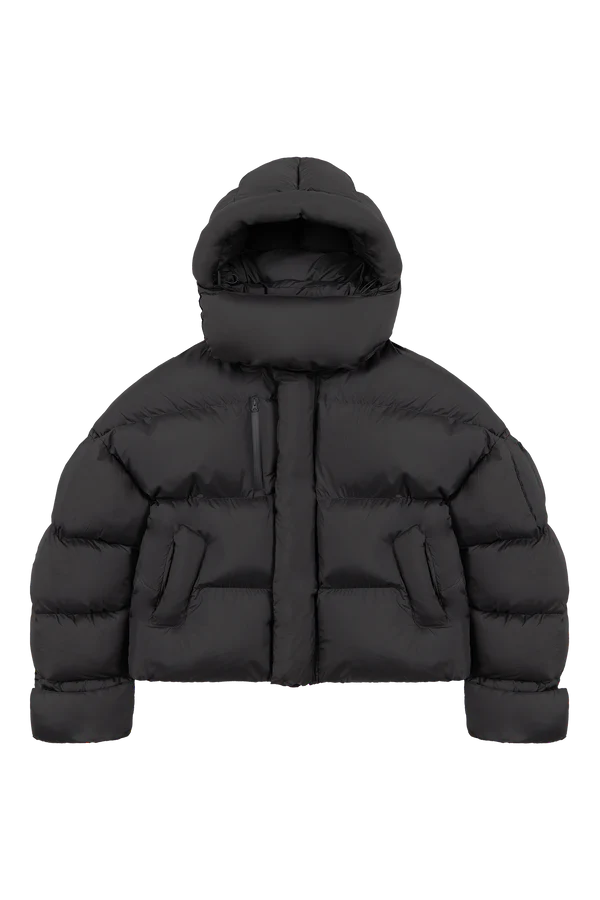 Stylish ash black puffer jacket with front zipper in USA