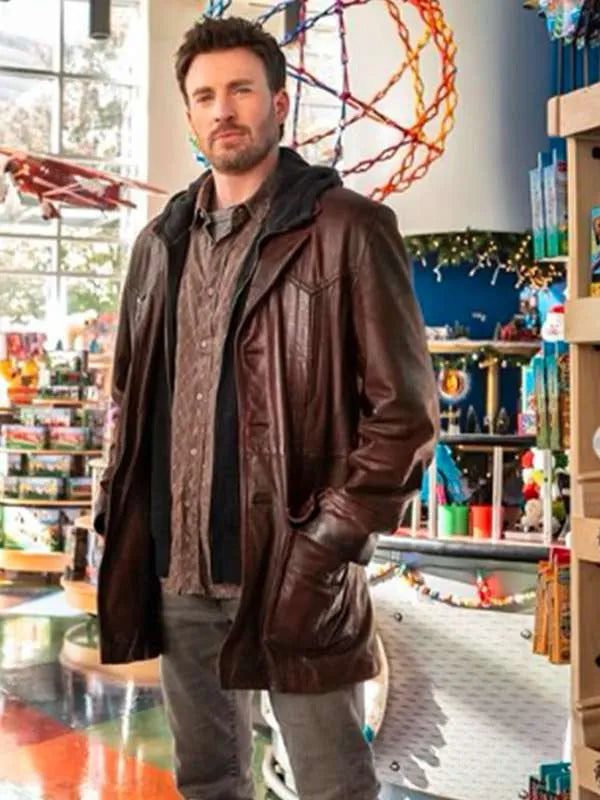 Chic Brown Leather Jacket Worn by Chris Evans in Red One
