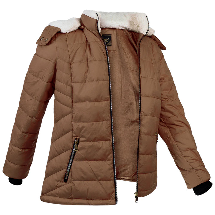 Bulk order women’s puffer jackets with warm padding and zip closure in USA